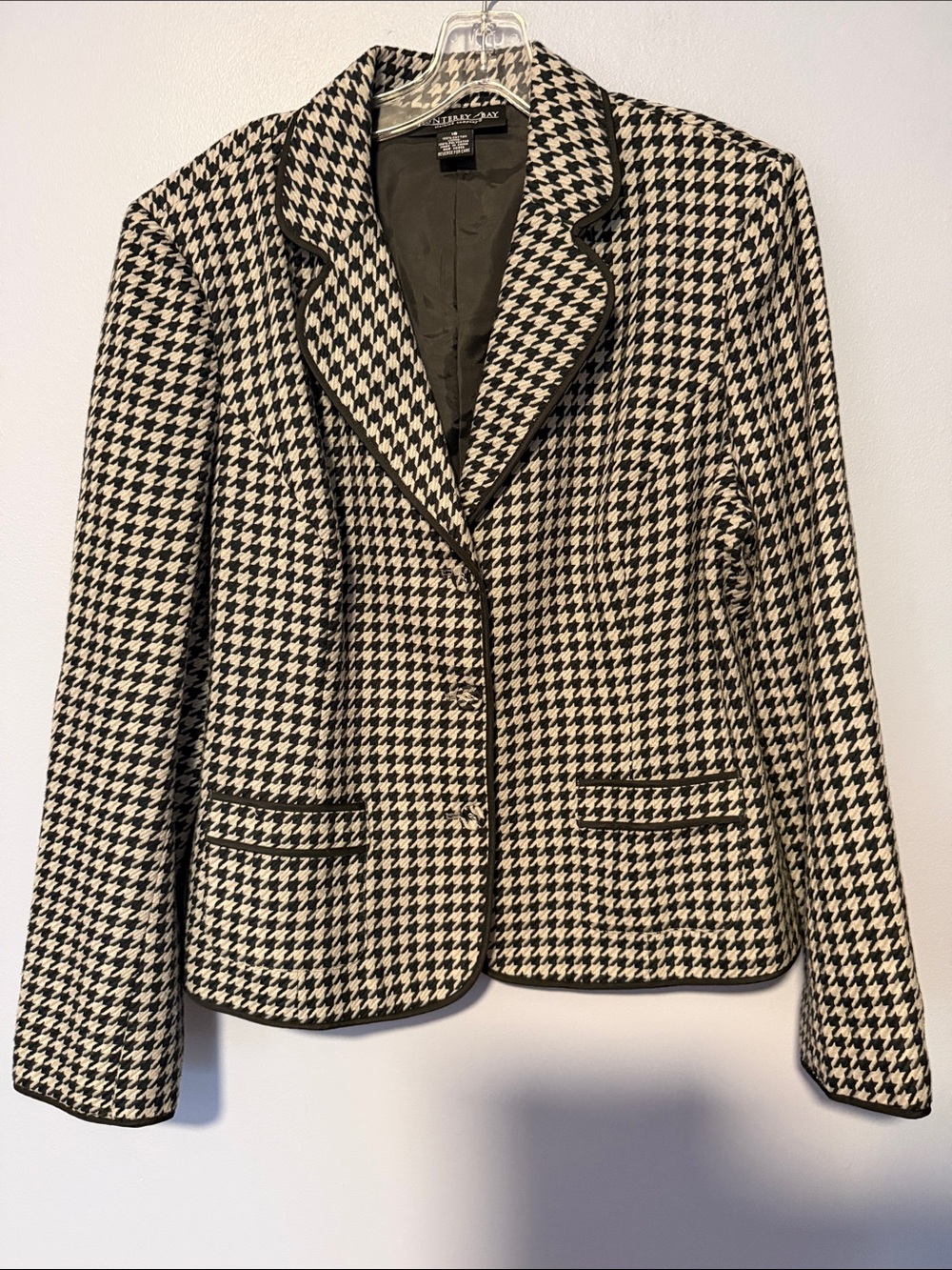 Monterey Bay Houndstooth Blazer Black Gray Piped Trim Tailored Sz 16